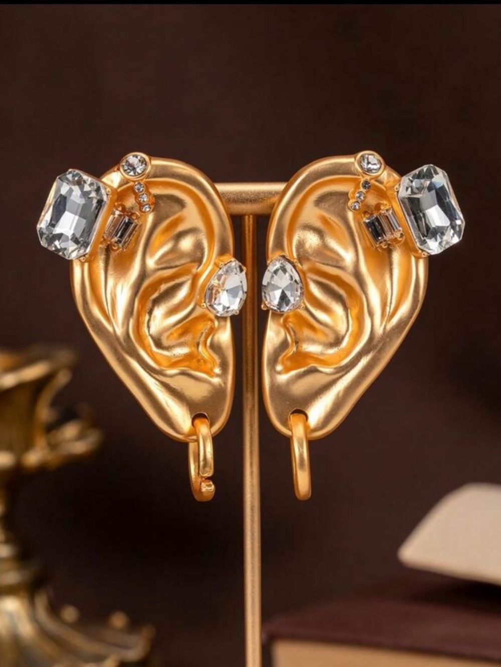 Schiaparelli Inspired Gold Ear-Shaped Crystal Statement Earrings